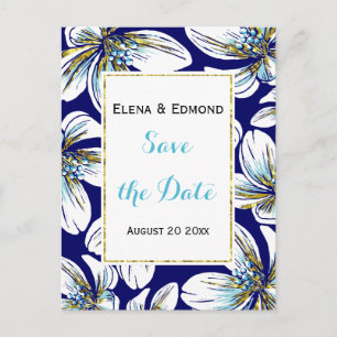 Aqua, gold foil floral navy wedding Save the Date Announcement Postcard