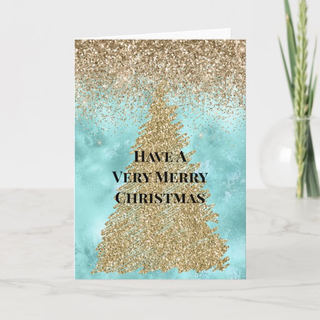 Aqua Gold Glam Glitter Sparkle Christmas Tree Card (Front)