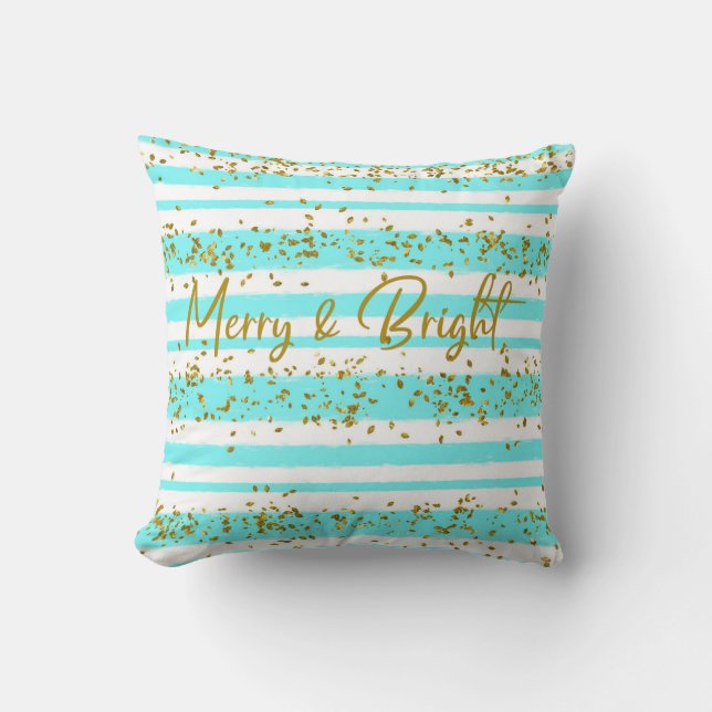 Aqua Gold Glitter Confetti Merry & Bright Cushion (Front)