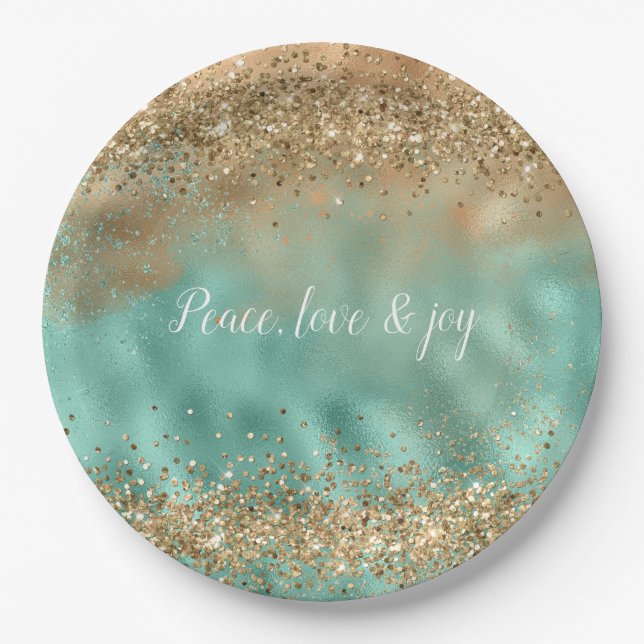Aqua Gold Glitter Confetti       Paper Plate (Front)