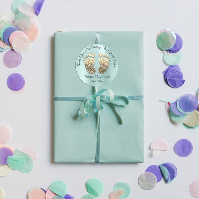 Aqua Gold Glitter Feet Baby Shower Favour Thank Classic Round Sticker (Aqua Gold Glitter Feet Baby Shower Favor Thank Classic Round Sticker)