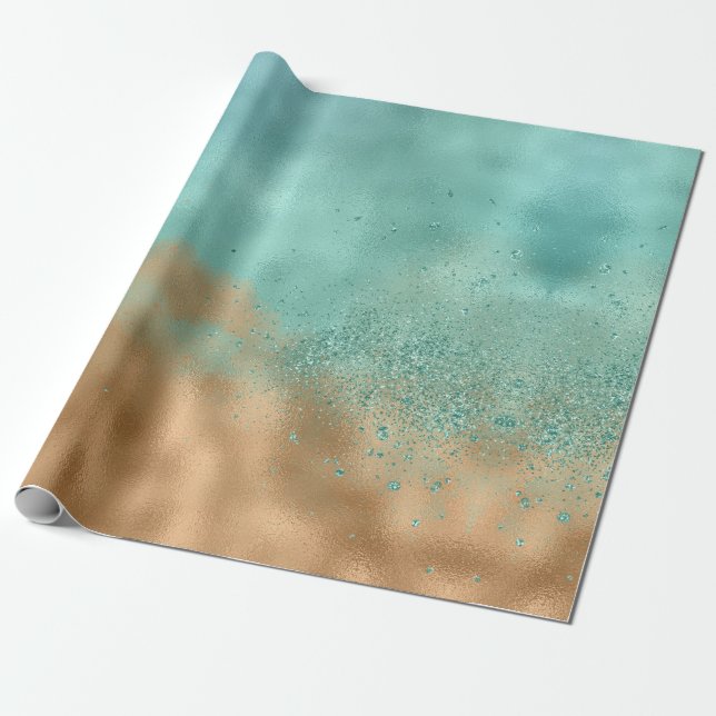 Aqua Gold Glitter Glitz Wrapping Paper (Unrolled)
