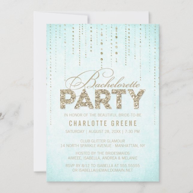 Aqua & Gold Glitter Look Bachelorette Party Invitation (Front)