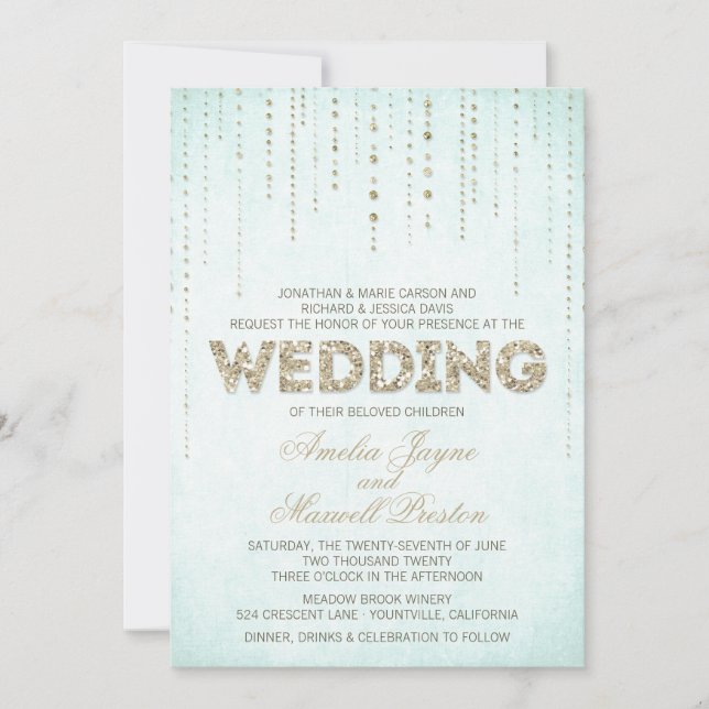 Aqua & Gold Glitter Look Wedding Invitation (Front)