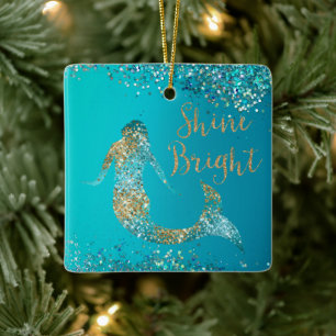 Aqua Gold Glitter Sparkle Mermaid            Ceramic Ornament