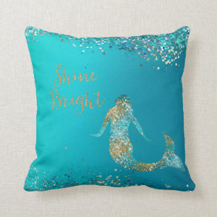 Aqua Gold Glitter Sparkle Mermaid  Cushion