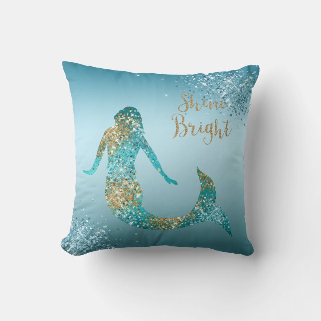 Aqua Gold Glitter Sparkle Mermaid Cushion (Front)