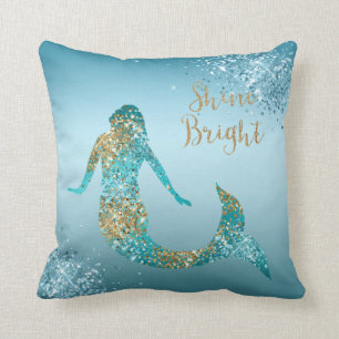 Aqua Gold Glitter Sparkle Mermaid Cushion