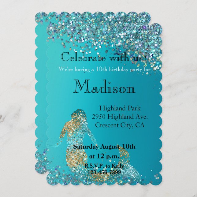 Aqua Gold Glitter Sparkle Mermaid Invitation (Front/Back)