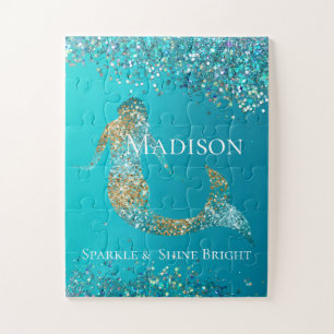 Aqua Gold Glitter Sparkle Mermaid  Jigsaw Puzzle