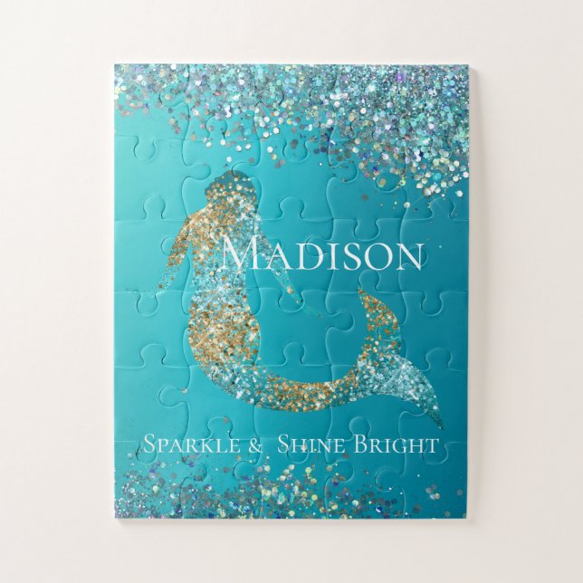 Aqua Gold Glitter Sparkle Mermaid  Jigsaw Puzzle (Vertical)