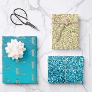 Aqua Gold Glitter Sparkle Mermaid      Wrapping Paper Sheet