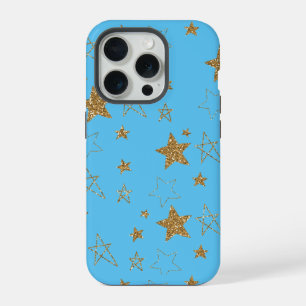 Aqua Gold Glitter Stars iPhone 15 Pro Case