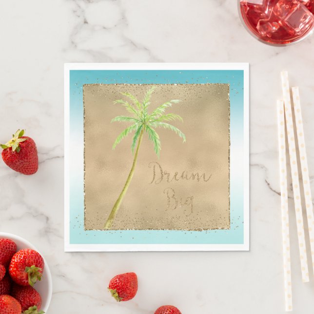 Aqua Gold Glitz Glitter Tropical Palm Tree Dream   Napkin (Insitu)