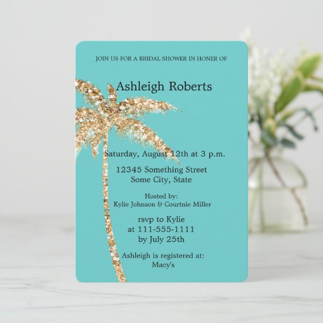 Aqua Gold Glitzy Gold Palm Tree Bridal Shower Invitation (Standing Front)