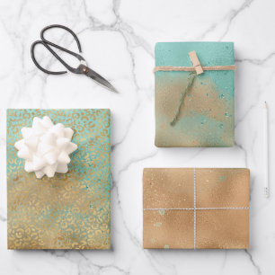 Aqua Gold Glitzy Sparkle Glitter Leopard Wrapping Paper Sheet