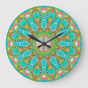Aqua Gold Groovy Fractal Gems Peace Mandala Large Clock