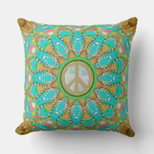 Aqua Gold Groovy Glam Peace Mandala Cushion