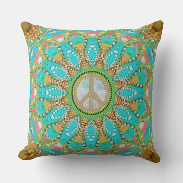 Aqua Gold Groovy Glam Peace Mandala Cushion (Front)