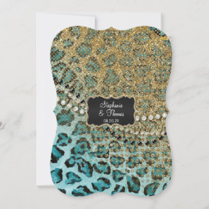 Aqua Gold Leopard Animal Print Glitter Wedding Invitation