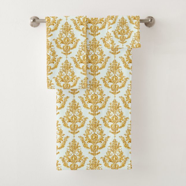 Aqua Gold Look Damask Bathroom Towel Set (Insitu)