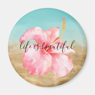 Aqua Gold Marble Pink Watercolor Hibiscus Flower Magnet