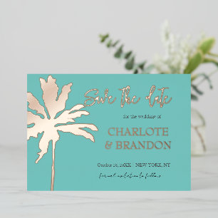 Aqua Gold Palm Tree Beach Wedding Save The Date 