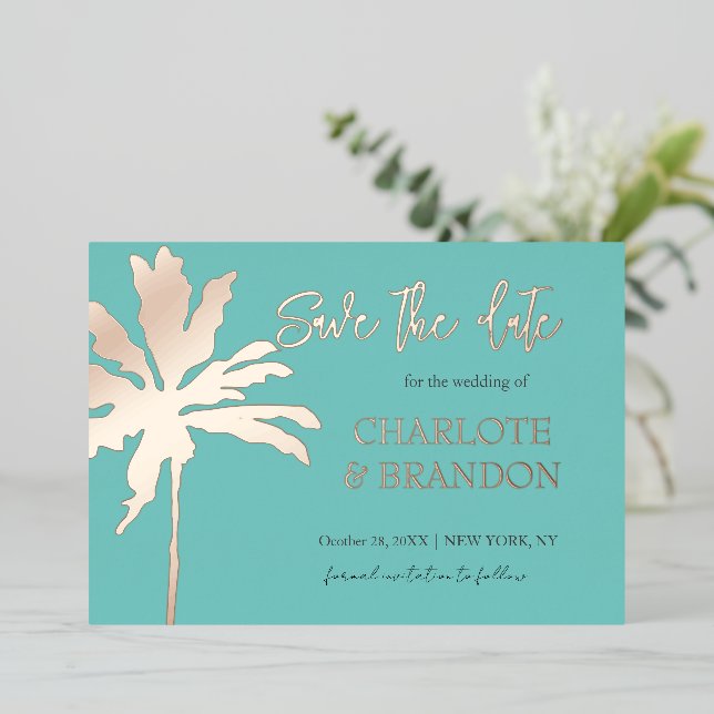 Aqua Gold Palm Tree Beach Wedding Save The Date  (Standing Front)