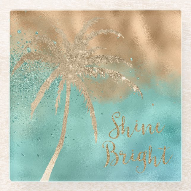 Aqua Gold Palm Tree Shine Bright Glitter           Glass Coaster (Front)