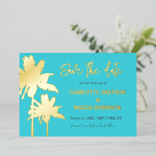 Aqua Gold Palm Trees Wedding Save The Date   