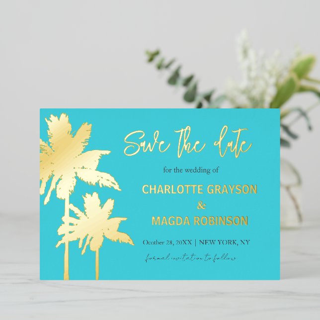 Aqua Gold Palm Trees Wedding Save The Date    (Standing Front)