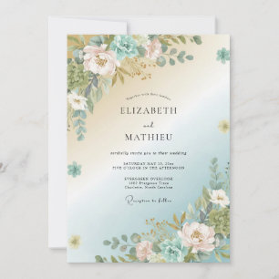 Aqua Gold Peony Wedding Invitation