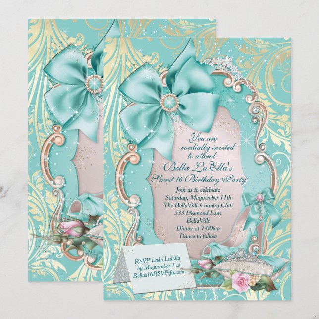 Aqua & Gold Princess Sweet 16 Invitation  (Front/Back)