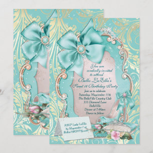 Aqua & Gold Princess Sweet 16 Invitation 