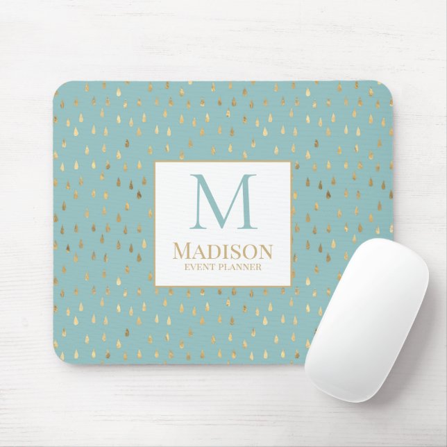 Aqua Gold Raindrop Modern Trendy Monogram Mouse Pad (With Mouse)