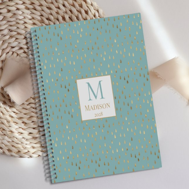Aqua Gold Raindrop Modern Trendy Monogram Planner (Creator Uploaded)