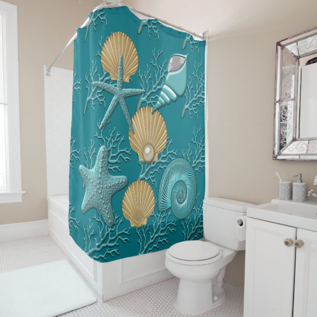 Aqua & Gold Seahells Coral Reef Shower Curtain (In Situ)