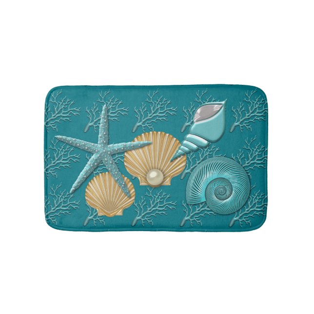 Aqua & Gold Seashells Coral Reef Bath Mat (Front)