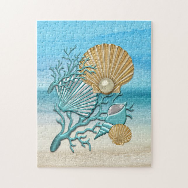 Aqua & Gold Seashells Jigsaw Puzzle (Vertical)