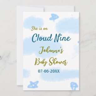 Aqua gold she is on cloud nine baby shower clouds  invitation