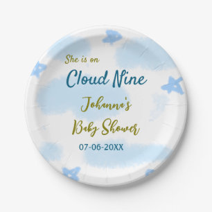 Aqua gold she is on cloud nine baby shower clouds paper plate