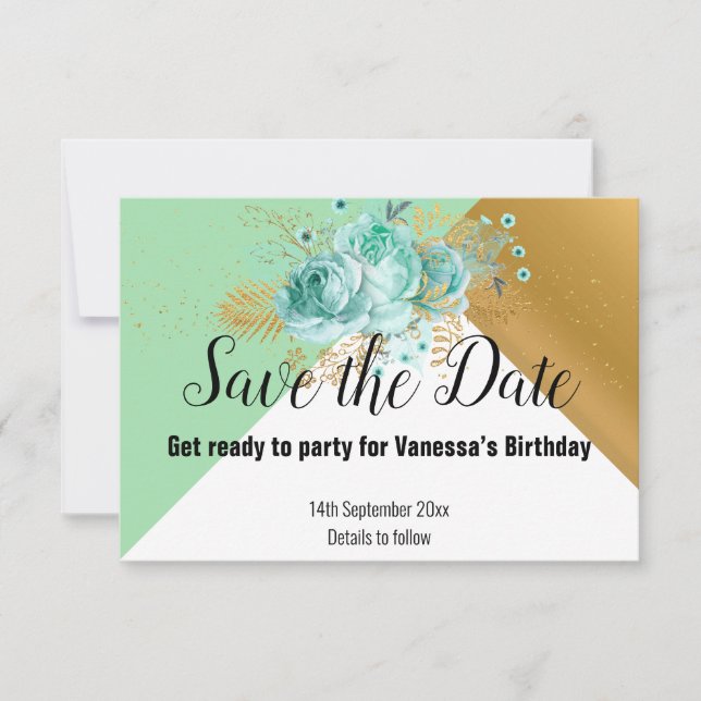 AQUA GOLD SILVER GRAY SAVE THE DATE RSVP CARD (Front)