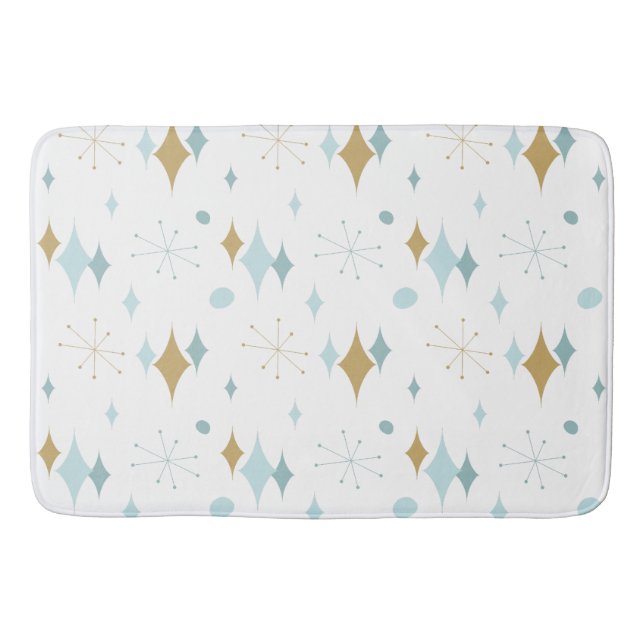 Aqua, Gold Starburst Mid Century Pattern Bath Mat (Front)