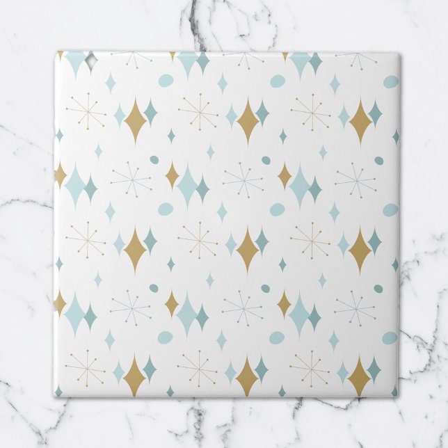 Aqua, Gold Starburst Mid Century Pattern Ceramic Tile (Creator Uploaded)
