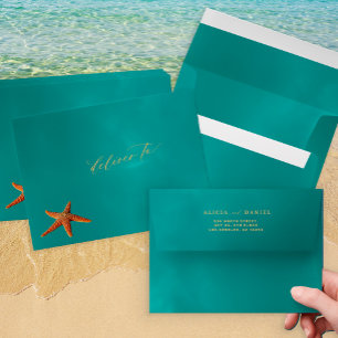 Aqua gold starfish seaside wedding return address envelope