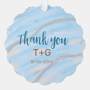 Aqua gold thank you add couple name date year text tree decoration card