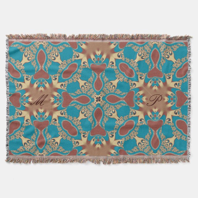Aqua Gold Tribal Geometric Woven Throw Blanket (Front)