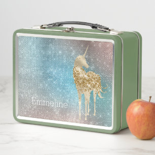 Aqua Gold Unicorn Sparkle   Metal Lunch Box