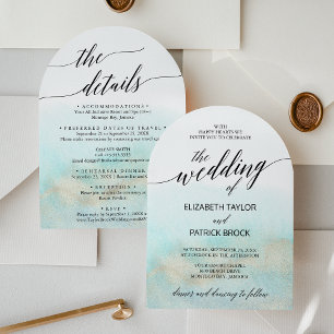 Aqua Gold Watercolor Beach Arch All In One Wedding Invitation