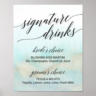 Aqua & Gold Watercolor Beach Signature Drinks Sign